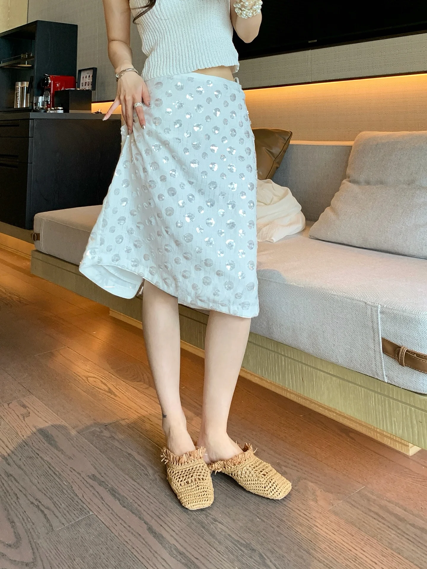 

Lijiaen Spring Summer New Heavy Embroidery Sequin Split High-End Feeling Half Skirt Mid-Length Dress for Ladies Commute Style