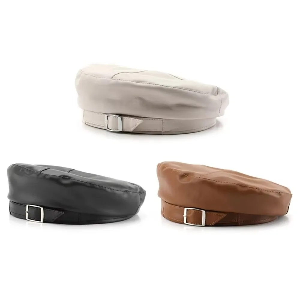 Fashion Warm Leather Beret Metal Buckle Solid Color Octagonal Cap Retro All Matched Newsboy Hat for Women