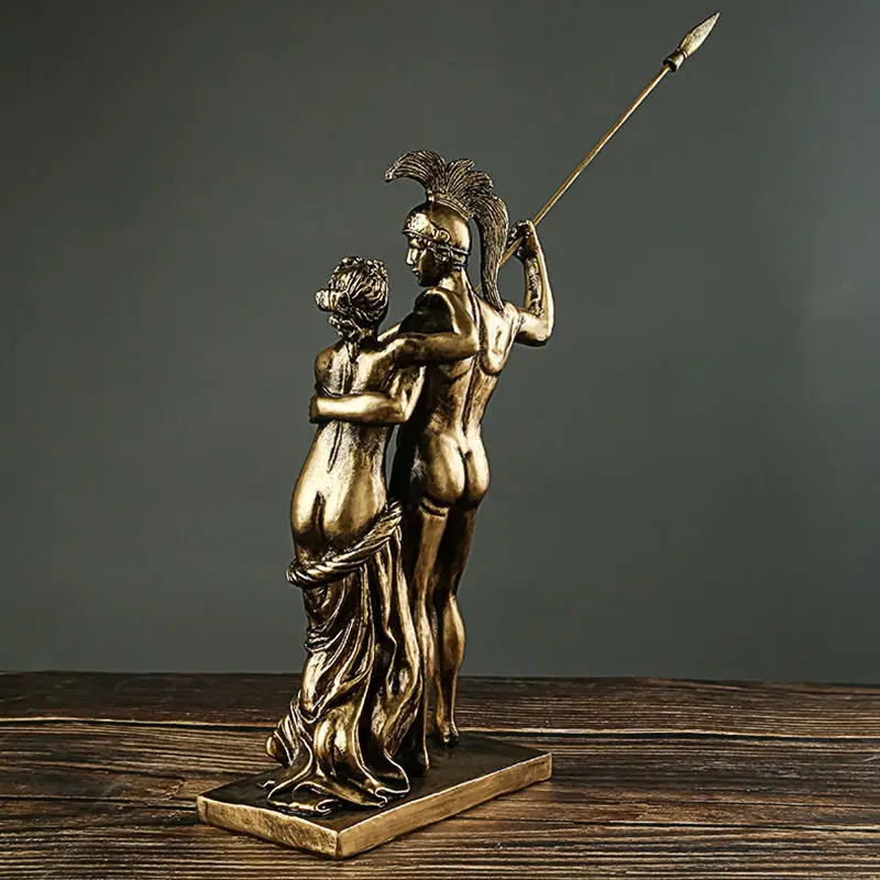 Ancient Greek Soldier&goddess Resin Sculpture Ornaments Antonio Canova Love Statue Imitation Copper Art Supplies Desktop Decor