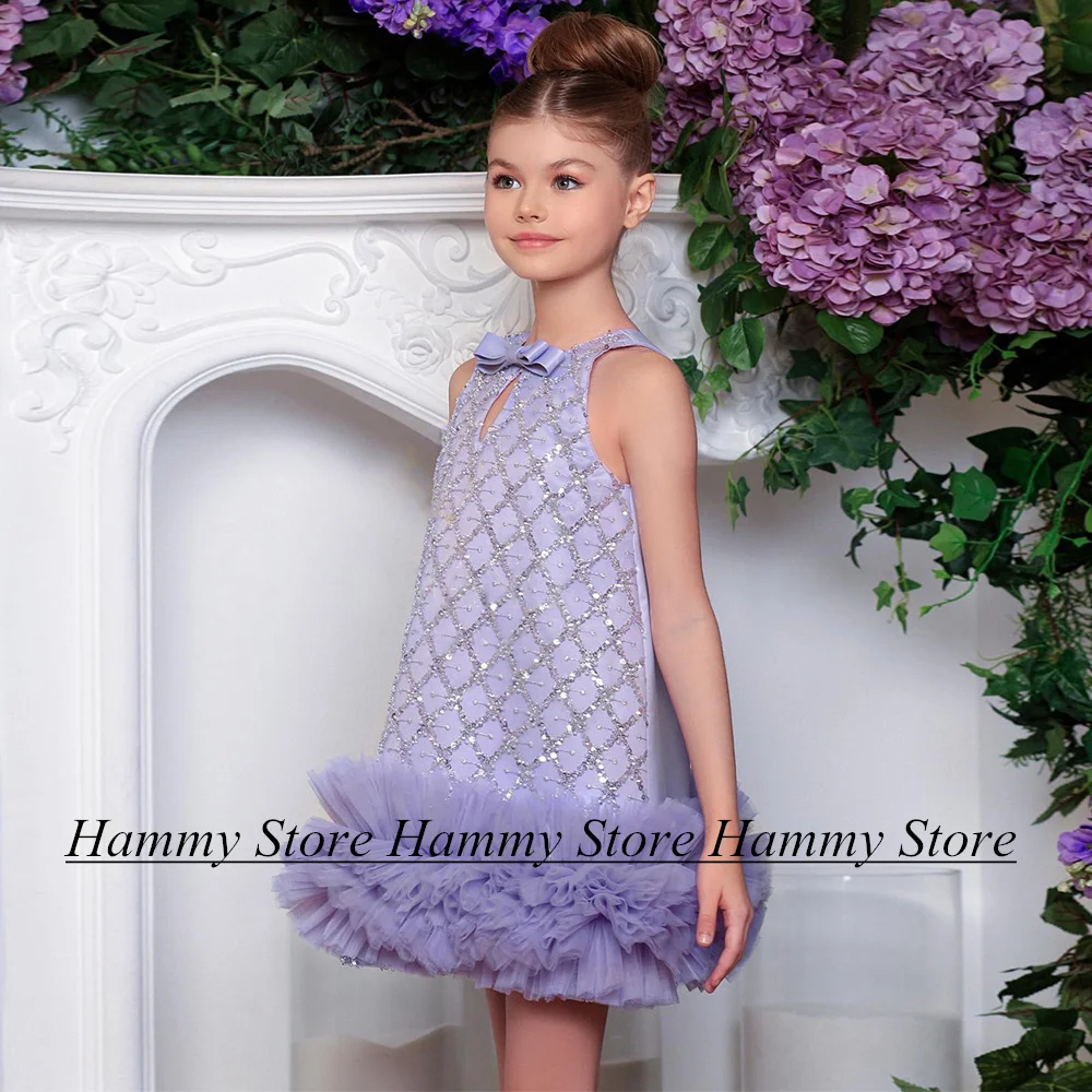 

Lavender Flower Girl Dress Round Neck Sleeveless Beading Sequined Satin Tulle Girls Party Christmas Communion Gown