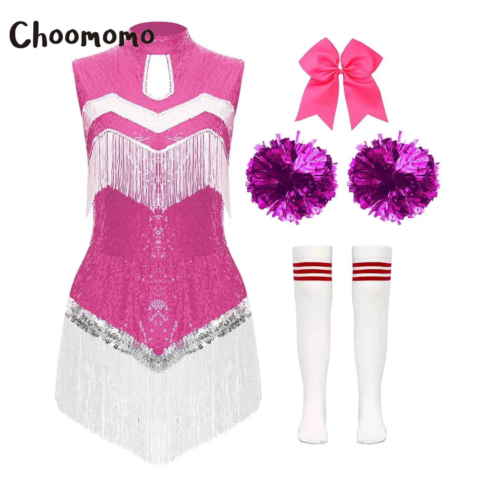 

Womens Cheer Leader Costume Dance Uniform Cheerleading Dress with Tiered Tassel Sequin Bodysuit Bowknot Hair Loop Flower Balls