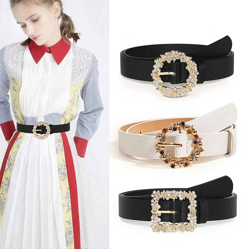 

Fashion Belt Female Rhinestone Round Buckle Square Buckle Luxury Belt with Sweater Suit Coat Decorative Pu Belts for Women