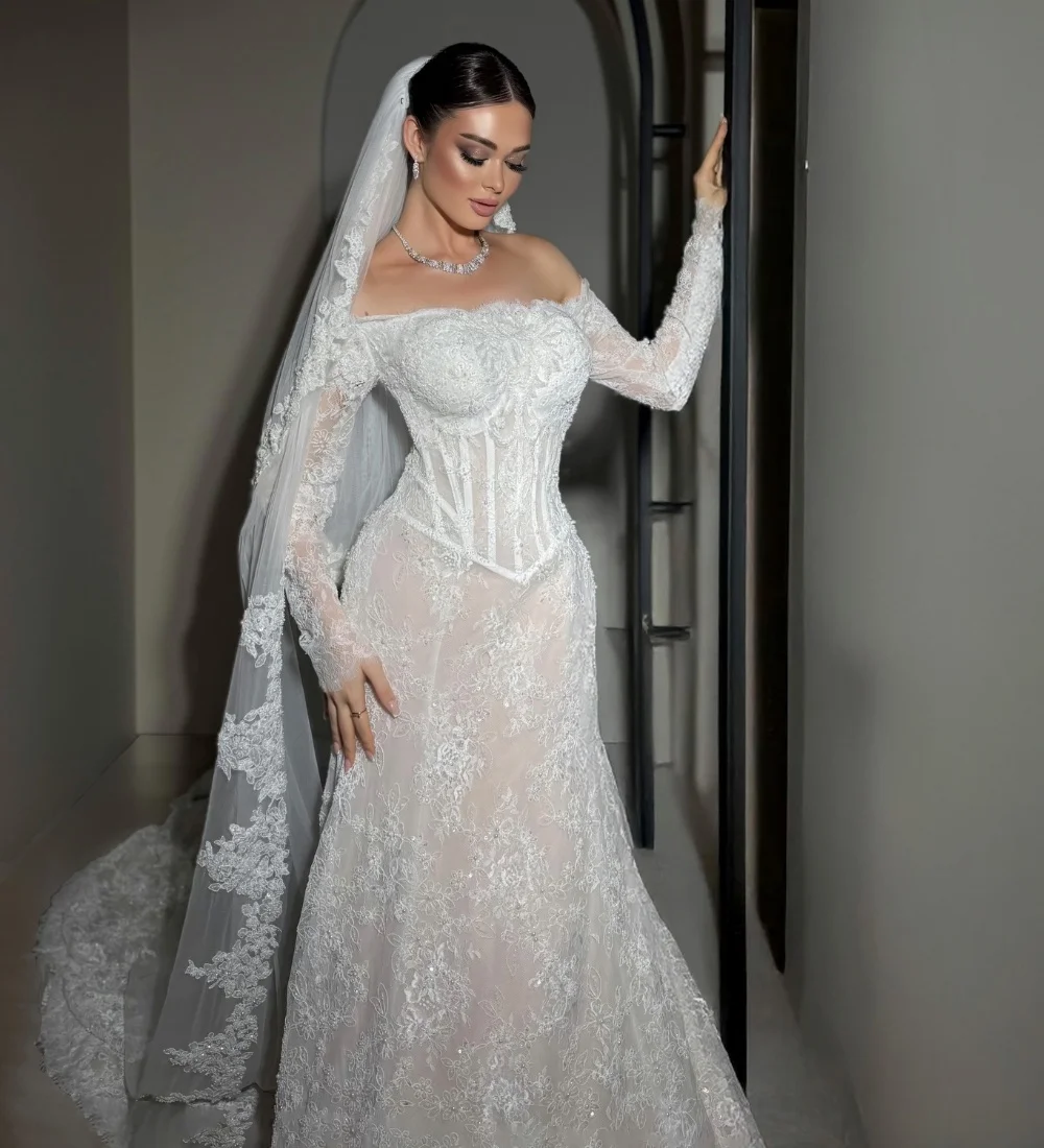 

Изысканное белое вечернее платье А-силуэта с открытыми плечами, расшитое кружевом, бисером и пайетками, в пол, для женщин