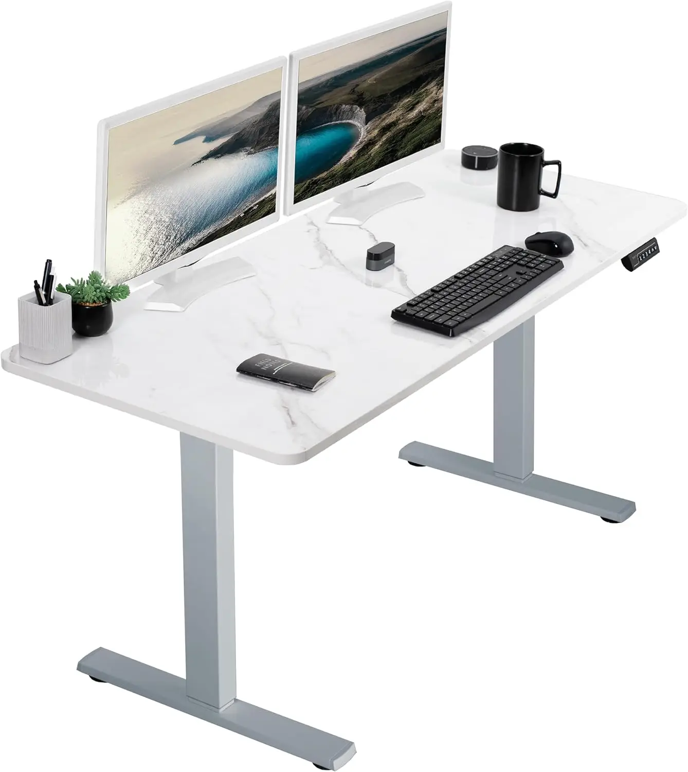 

60 x 24 inch standing desktop workstation, memory controller height adjustment, white marble pattern top, gray frame