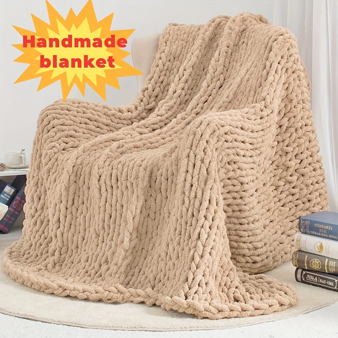 Chunky Knit Throw Blanket Handmade with Soft Chenille Yarn Thick Table Knitted Blankets Large Rope Knot Crochet Throws for Sofa