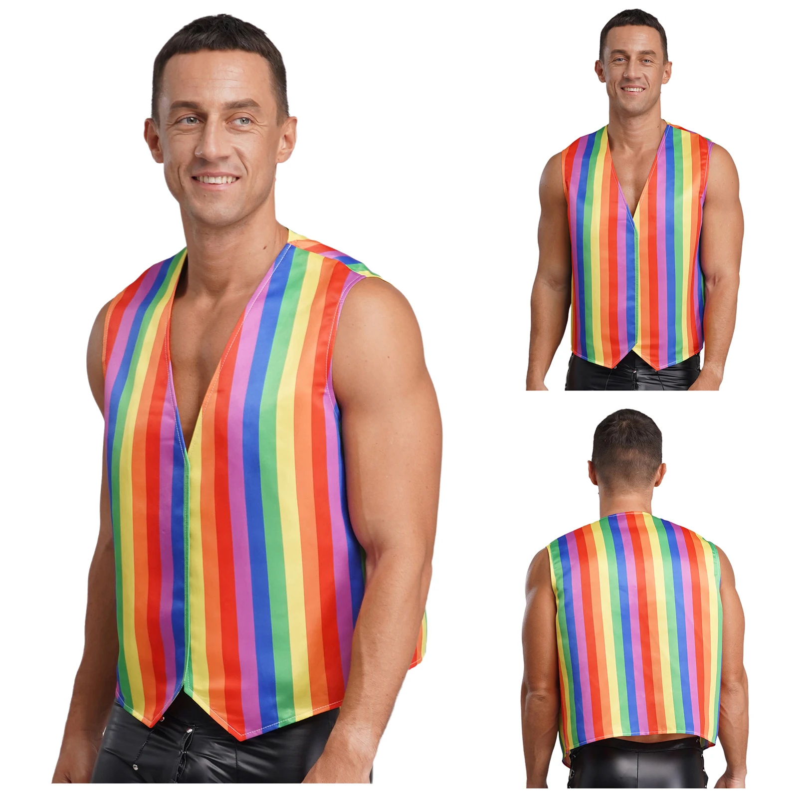 

Men Halloween Circus Clown Ringmaster Rainbow Striped Vest Fashion Pointed Hem Tank Tops Waistcoat for Dress-up Party Raves