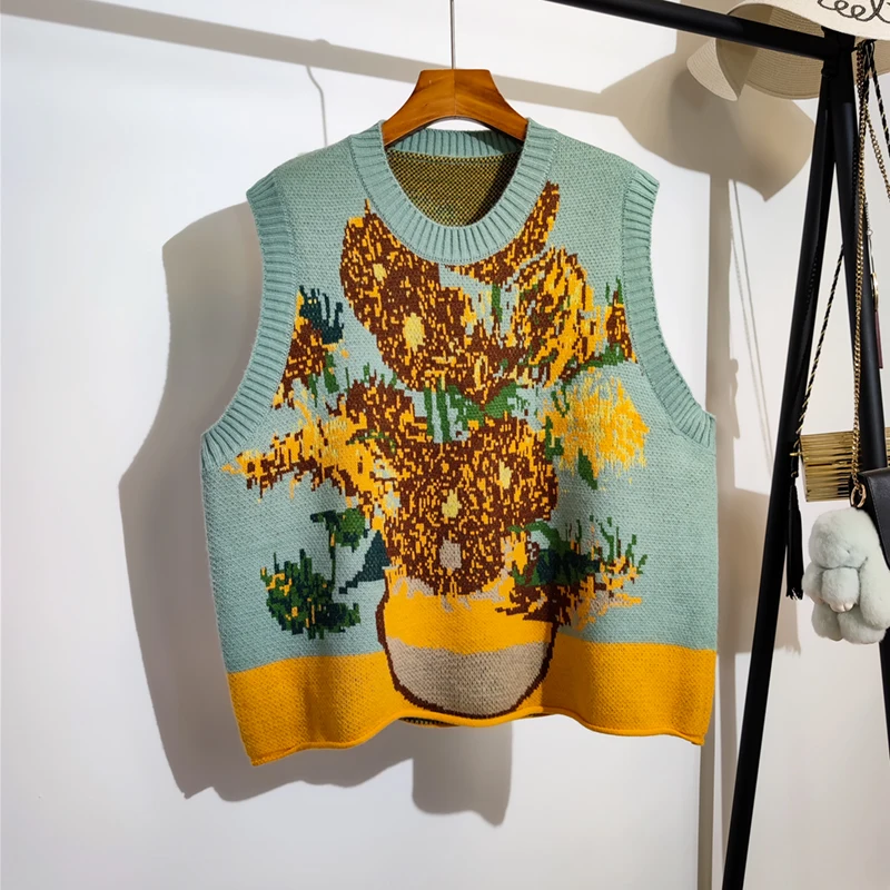 Oil Painting Sun Flower Embroidery Knitted Vest For Women's Spring Korean New Loose O Neck College Style Sweater Vest Knitwear