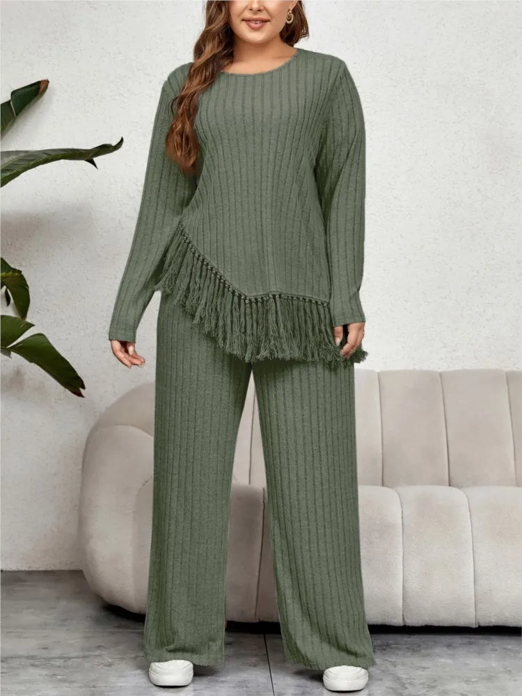 

2025 New Irregular Tassel Long-sleeved Top Wide-leg Pants Set Autumn And Winter Fashion Casual Loose Round Neck Two-piece Set