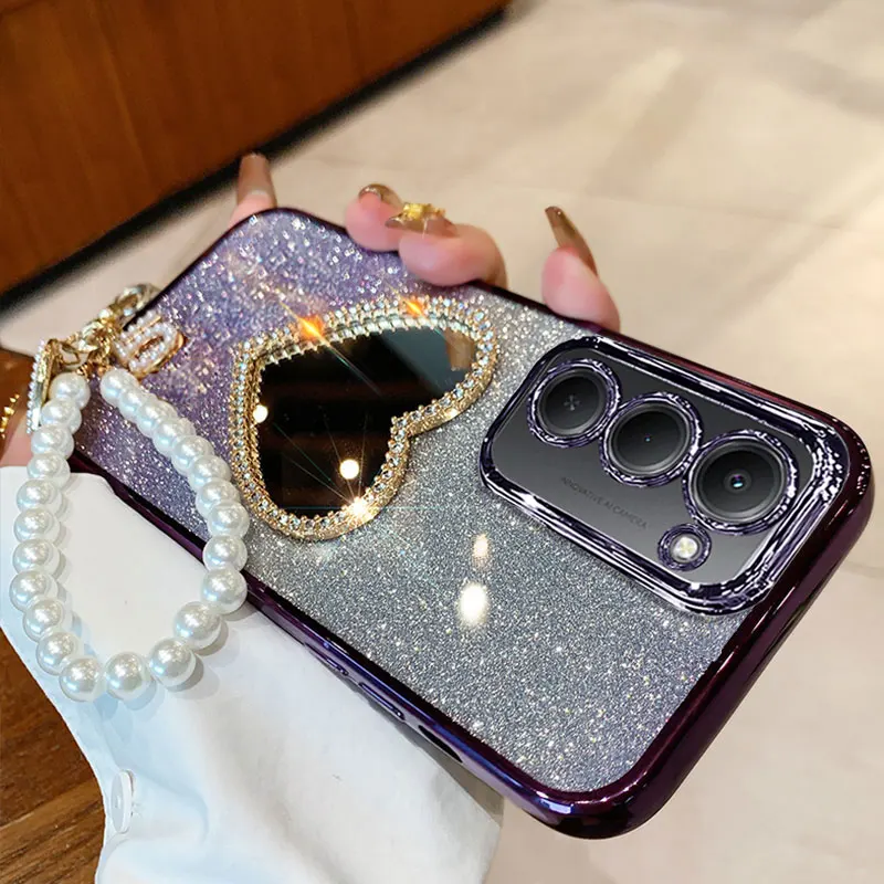 Redmi15 غطاء فاخر اللؤلؤ سوار الحال بالنسبة Xiaomi Redmi 15 4G 5G 15C POCO F7 X7 Pro 15T الماس الحب مرآة القضية مع الحبل