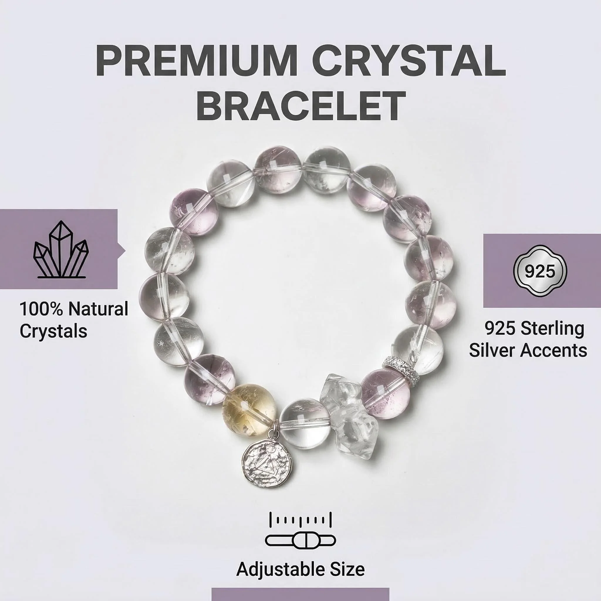 

ANNIE WU Natural Amethyst Citrine Clear Quartz Crystal Bracelet 925 Sterling Silver Healing Energy Jewelry Gift for Women