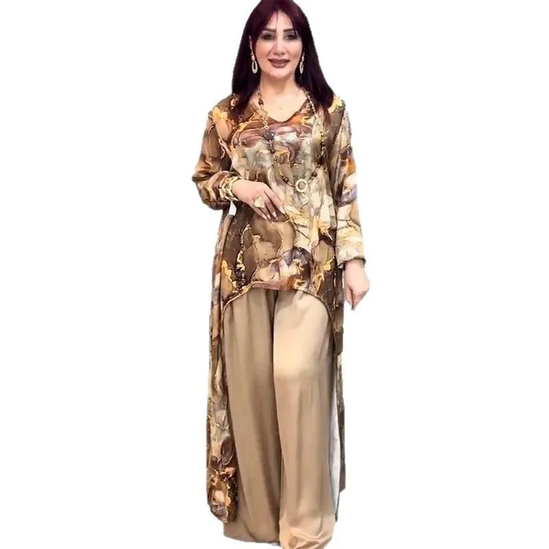 Ensemble musulman pour femmes, haut Long, pantalon à jambes larges, chemisier imprimé, dubaï Islam, tenues décontractées, pantalon arabe, costume 2 pièces, 2025