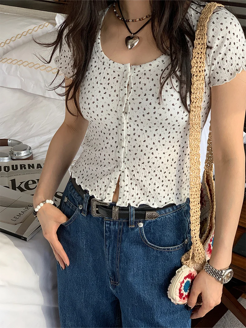 

Summer ort Sexy Floral Open Cardigan T-irt BM Wooden Earlet Button round Ne ort Sve Top Women's Faion