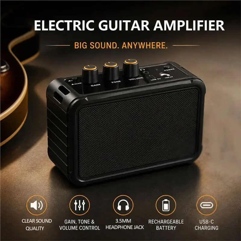 ABFN-Dual Speaker 10W Mini Electric Guitar Amplifier Rechargeable Amp With Overdrive Function For Practice& Travel Orange