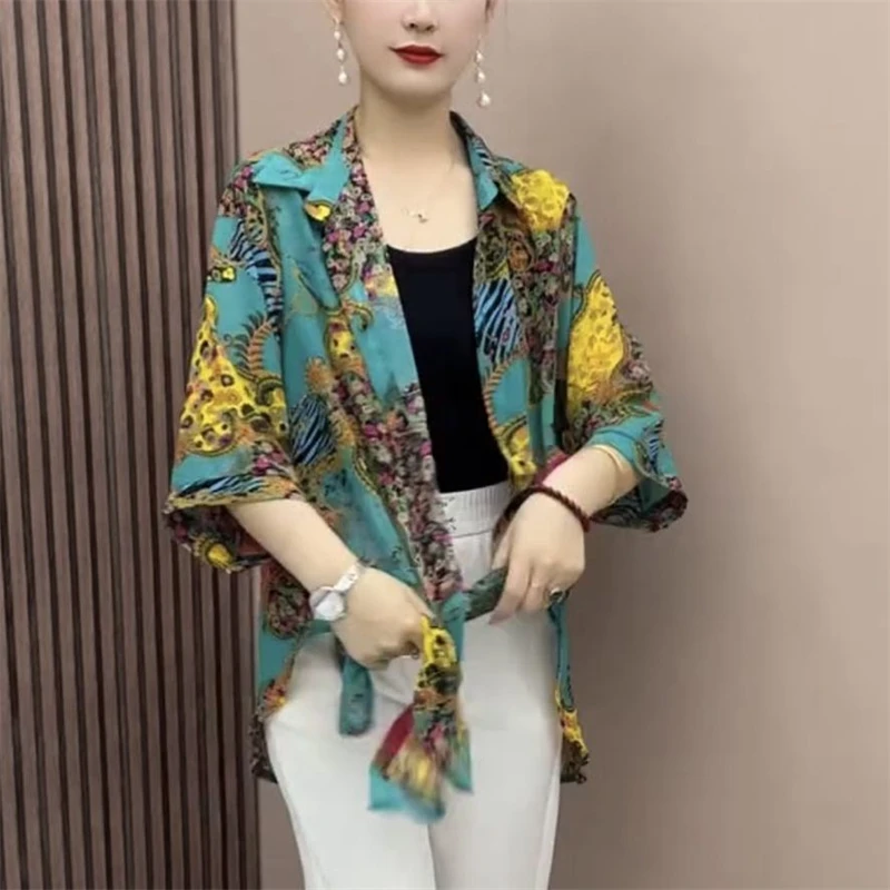 Women\'s Vintage Ethnic Style Button Cardigan Shirt Fashion Print Long Sleeve Oversized Blouse Ladies Casual Irregular Tunic Tops