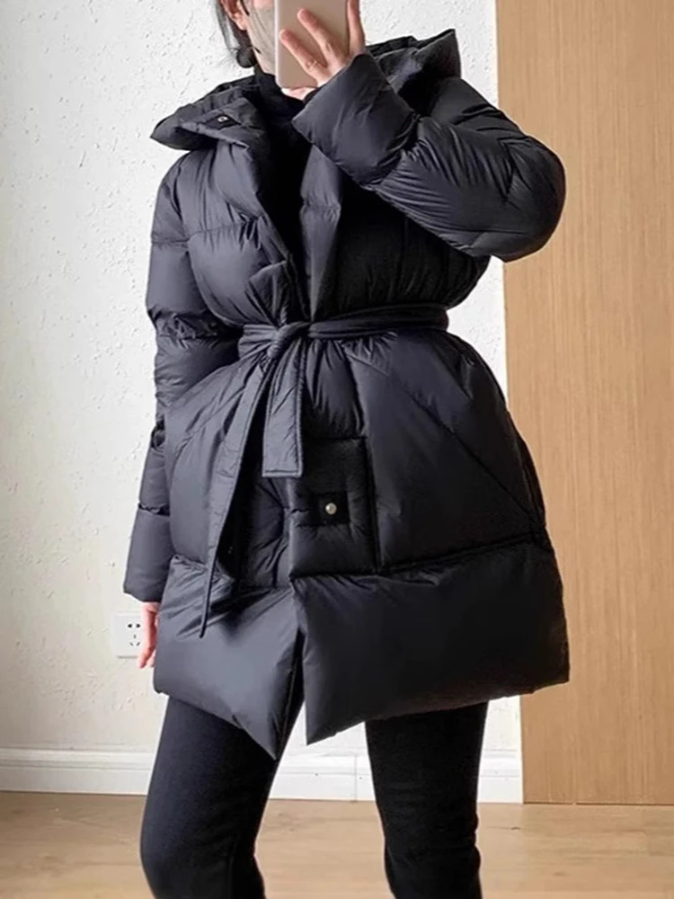 [LANMREM] Fashion Winter Duck\'s Down Warm Cotton Padded Coat Women\'s Hooded Belt Gathered Waist Jackets Fashion New Clothing