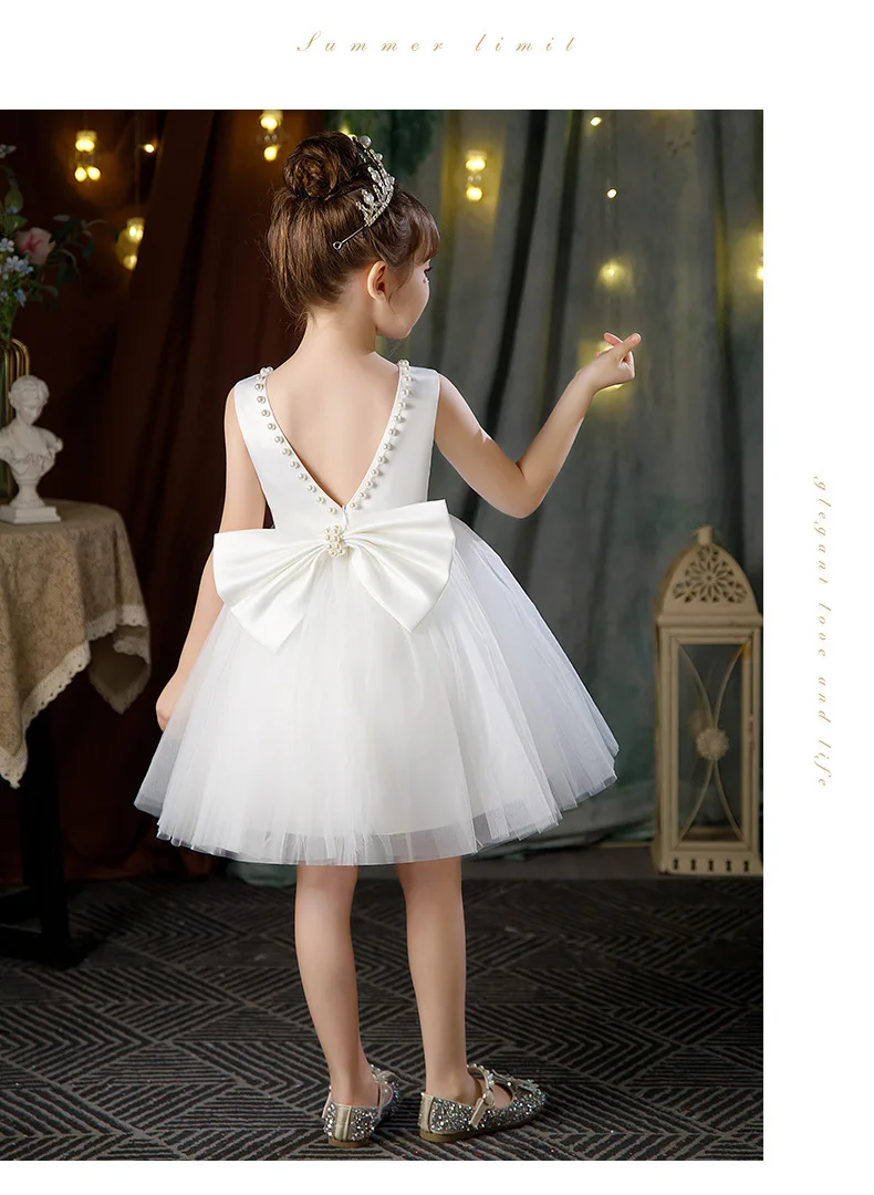 Elegant Princess Toddler Flower Girl Dresses Birthday Knee Length Bow Pearls Wedding Party Holy Communion Gown for Kids Baby