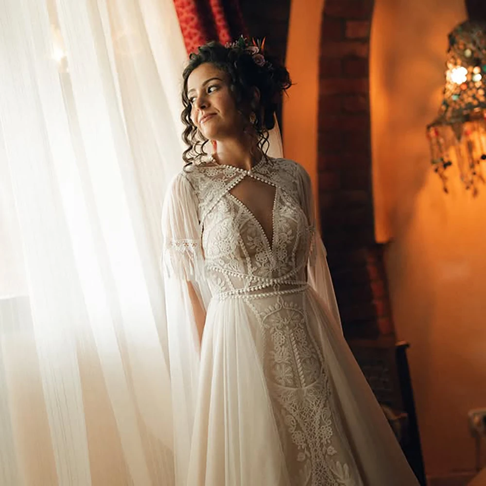 V Neck Lace Bridal Gowns With Tulle Cape Sleeveless A Line Customized Unique Boho Tassels Tulle Sleeveless Luxury Wedding Dress