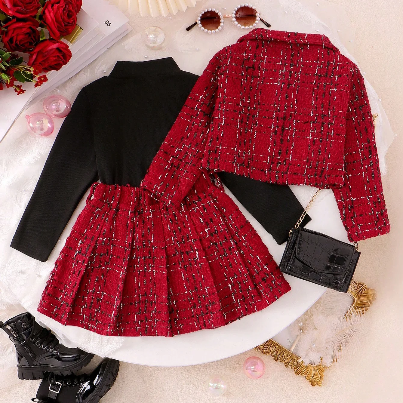 Kid Girls Christmas Outfit Coat Shirt Skirt 3 Pieces Suit Long Sleeve Children Party Daily Clothes 4 5 6 7Y Baby Cute Spring Set