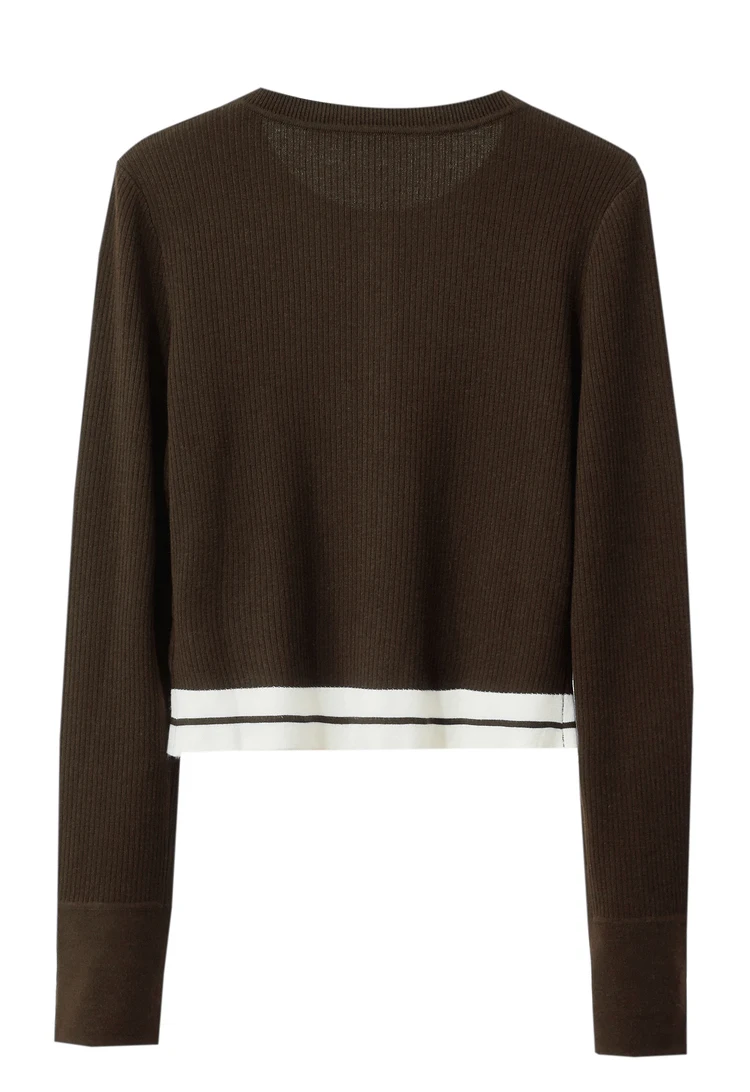 Amii Minimalism 2026 Strickjacke für Damen Herbst Neu Pendler O-Ausschnitt Gespleißte Kurze Wollstreifen Schlanke Langarm-Oberteile 12443022 – Detail 30