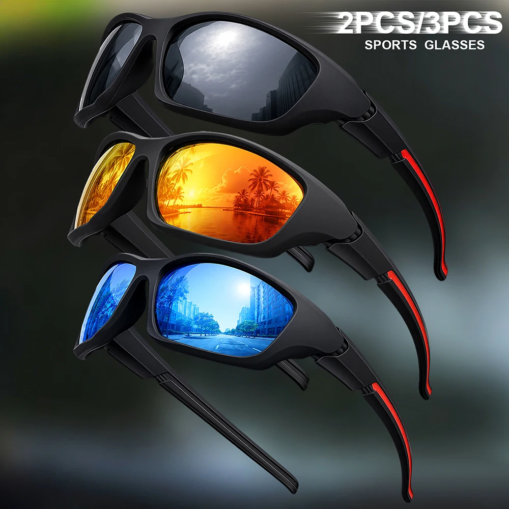 2/3pcs Men'S Sport Outdoor Protective Sunglasses Glasses Set TAC Lenses Polarized Anti-Glare Coating for Driving