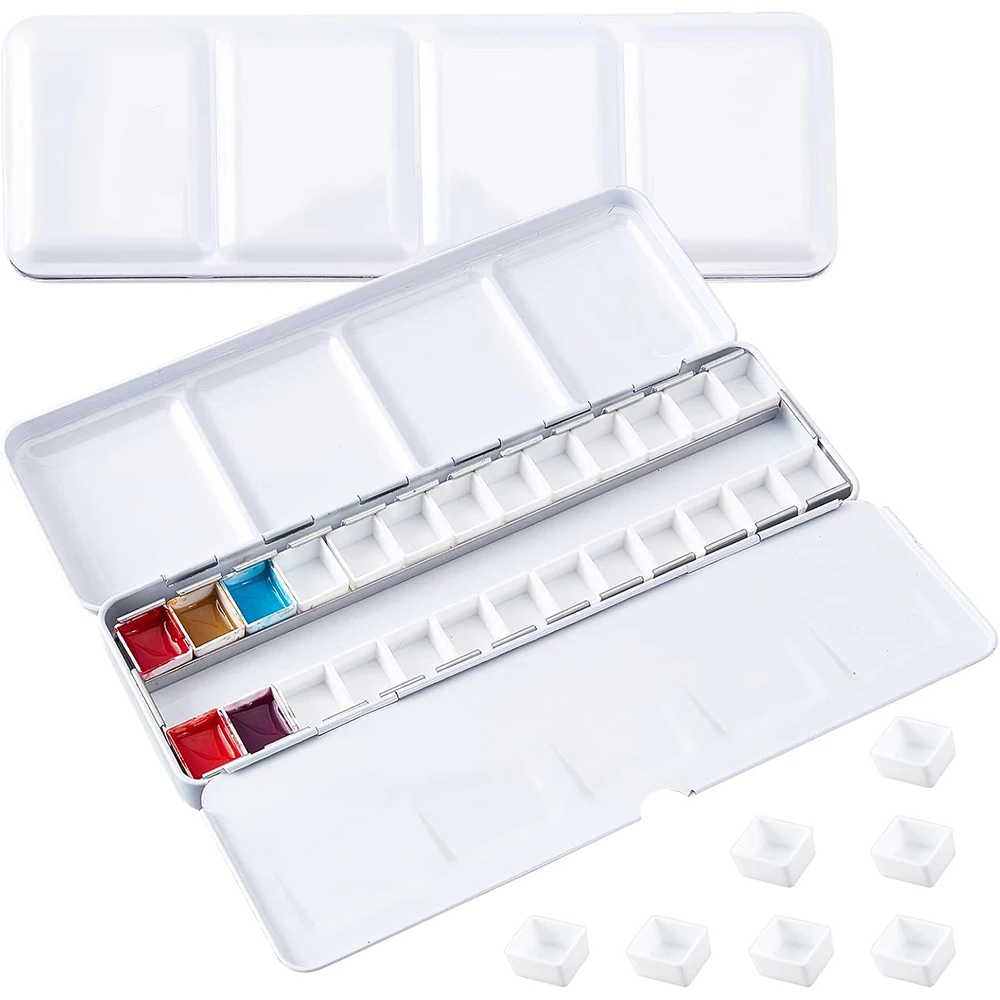 Empty Watercolor Palette with 26 Empty Half Pans, Empty Watercolor Tin with Fold Out Palette, Watercolor Tray for Painting