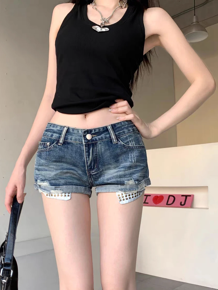 RORORIRI Vintage Rivetti Vita bassa Pantaloncini di jeans Donna Blu Lavaggio Distressed Strappato Sottile Orlo arrotolato Bootypants Grayu Y2k Streetwear