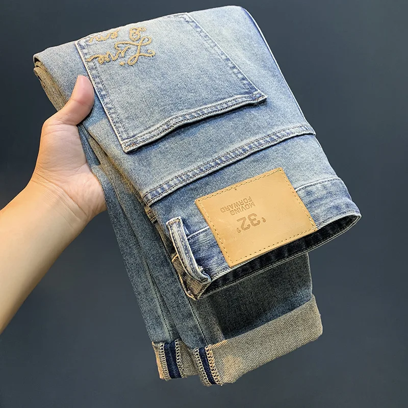 High End New Washed Jeans Men  Trend Embroidered Loose Summer Thin Straight Fitting Fashionable Versatile Casual Denim Pants