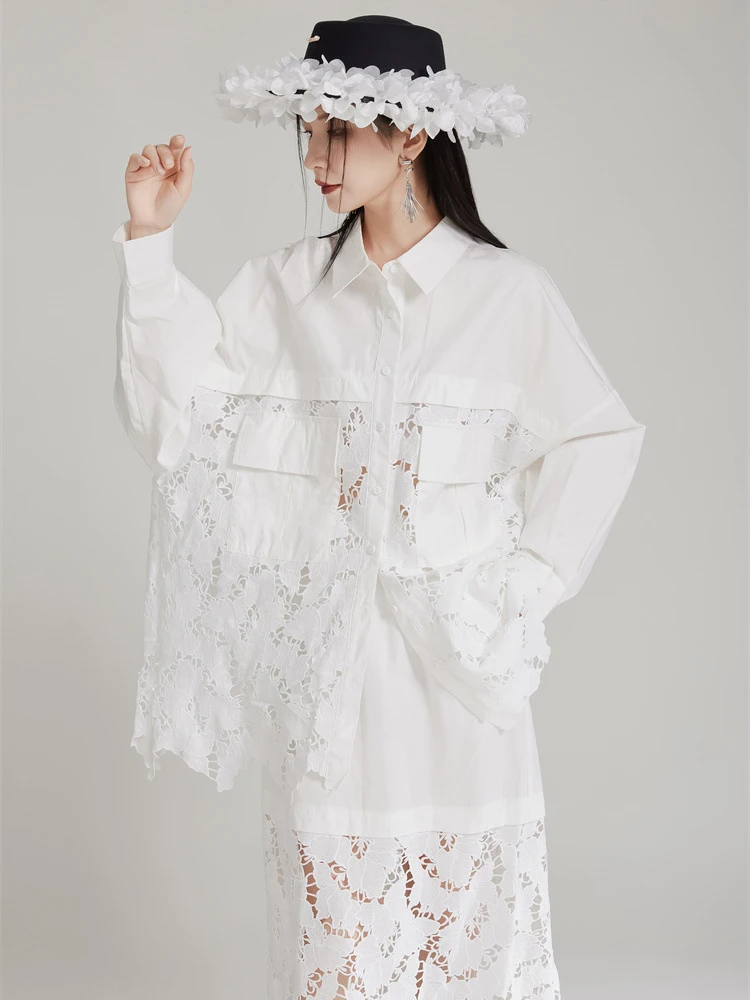 [EAM] Women White Lace Hollow Out Big Size Elegant Blouse New Lapel Long Sleeve Shirt Fashion Tide Spring Autumn 2024  1DH7979