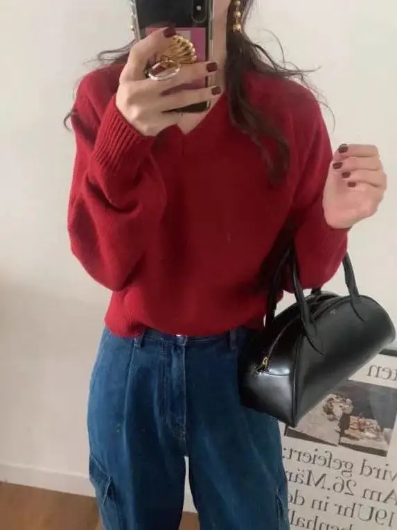 Langer Sve-Strickpullover für Damen, V-Ne, lockere Passform, Overhead-Sle, faionable, Übergröße, bequemes Ne-Herz-Aped-Design