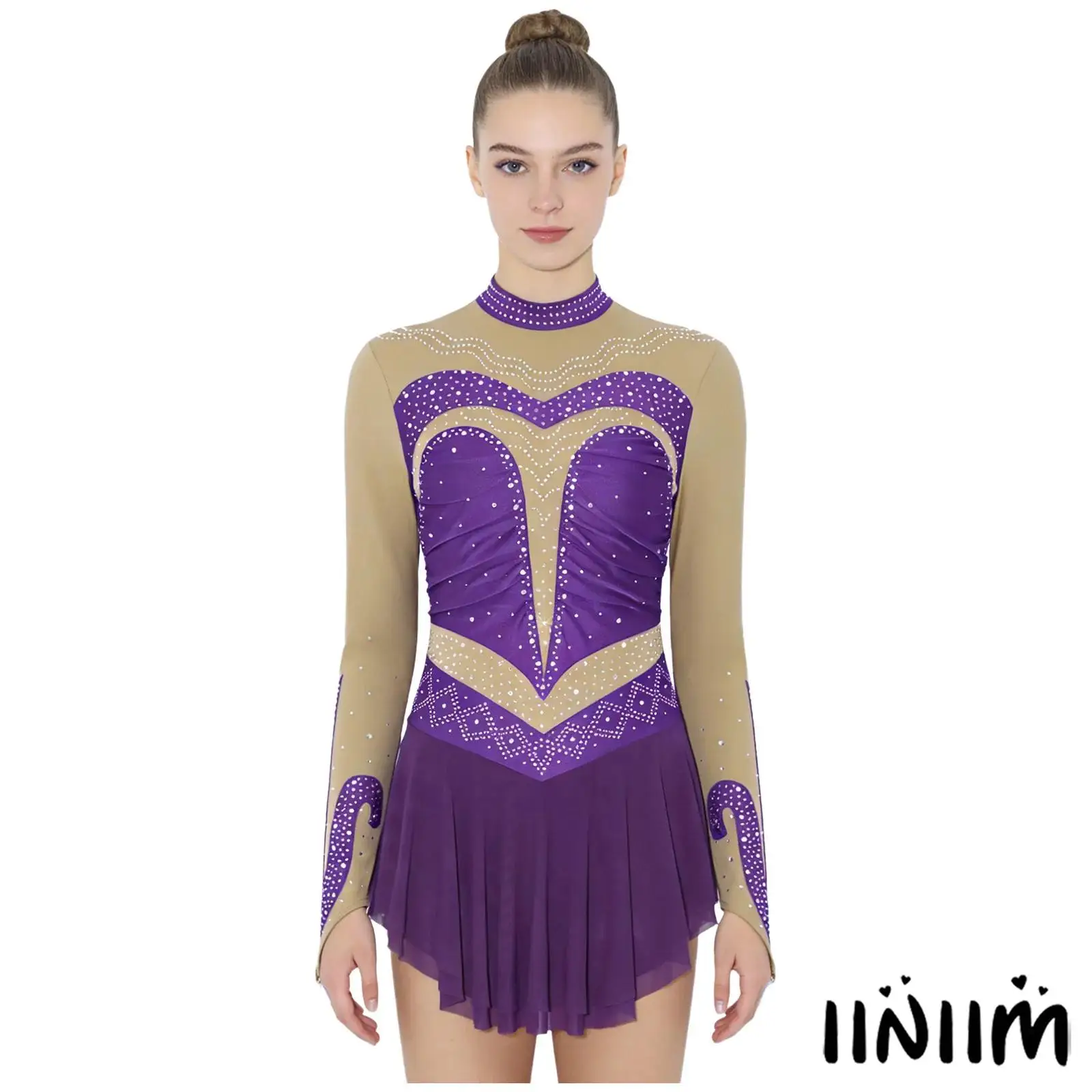 

Rhinestone Color Block Gymnastics Dance Bodysuit for Women Lyrical Ballet Dance Costume Ruched Long Sleeve Back Cutout Jumpsuit