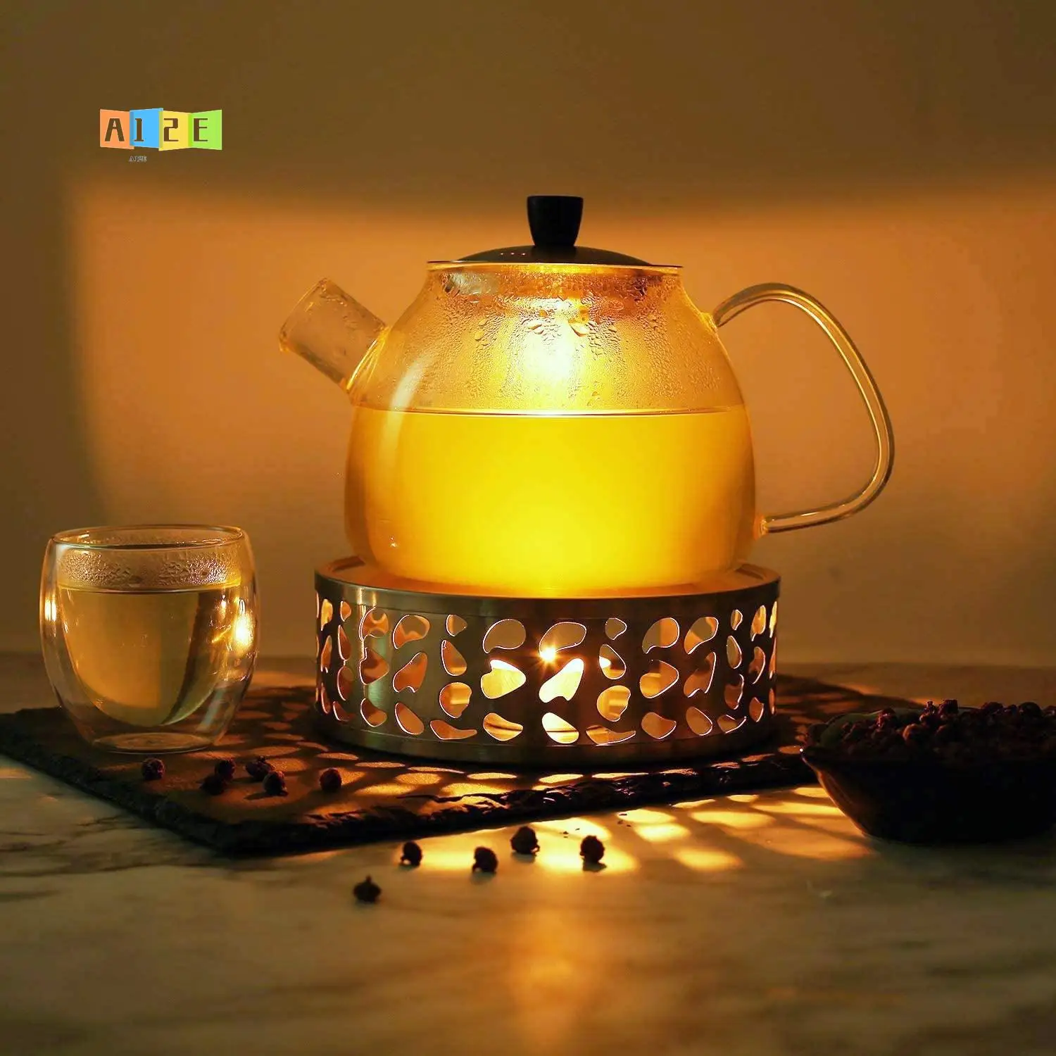 

A12E-Tea Warmer Coffee Warmer Made Of Stainless Steel With Tealight Holder Tea Base Hollow Carved Design Heater Coffee Warmer