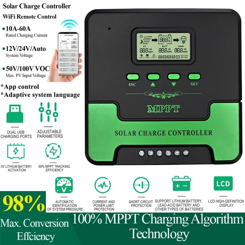 

MPPT Solar Charge Controller with WIFI 10-60A 12V/24V LCD Solars Panel Charger Regulator for Lifepo4 Lithium Acid Lead Battery