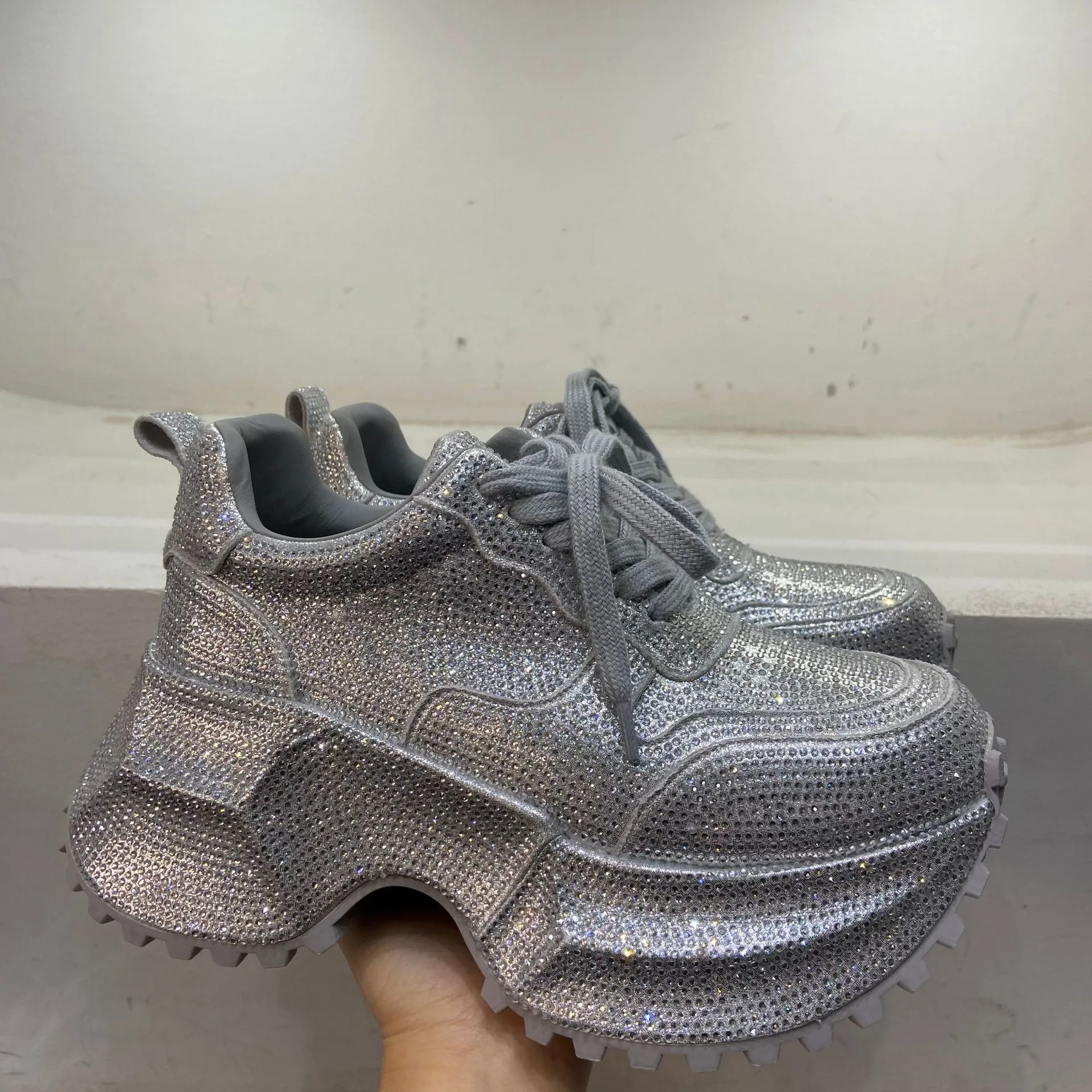 

New Style Women's Silver/Black Bling Bling Rhinestone Platform Sneakers Lace Up Round Toe Chunky Sole Fashion Casual Shoes