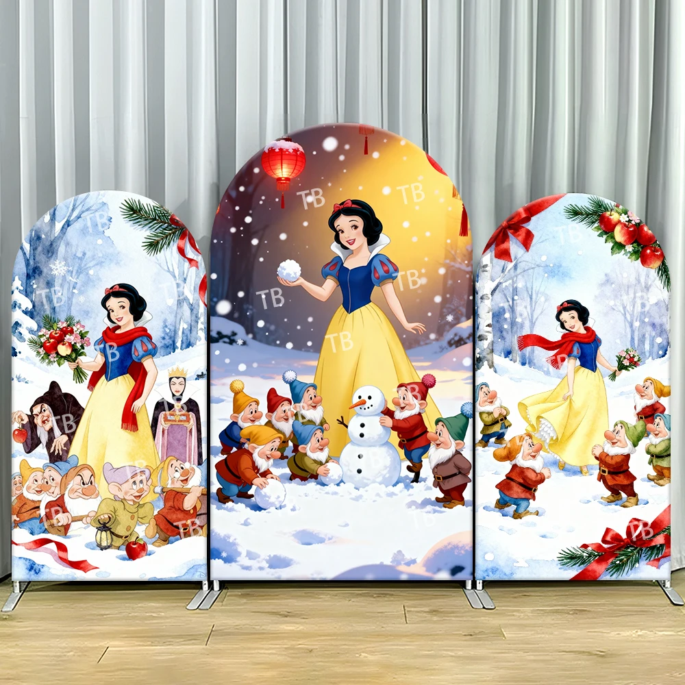 

Snow White Dwarfs Winter Snowman Arch Backdrop Cover Snowball Scene For Kids Birthday Party Cheerful Cartoon Theme Photo Booth