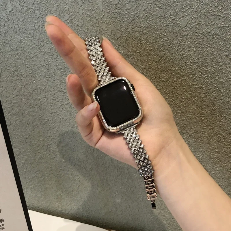 Luxury metal diamond bracelet+case for Apple Watch band 44 41mm 42mm for iwatch 7 SE 6 5 4 38 45 40mm stainless steel loop strap