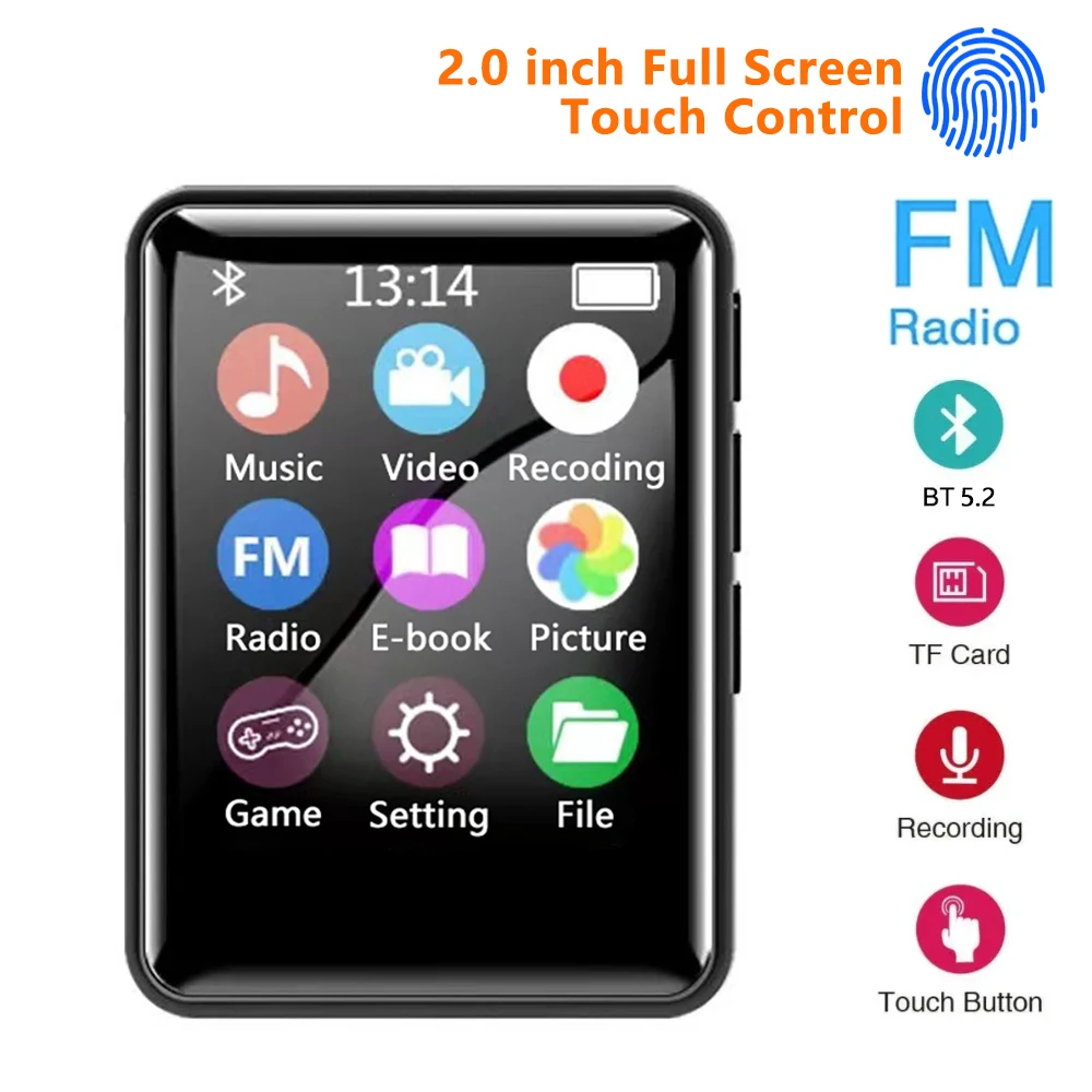 Lecteur de musique MP3 MP4 avec Bluetooth, écran tactile complet, 2.0 pouces, HiFi, baladeur, enregistreur vidéo, radio FM, livre électronique pour étudiant