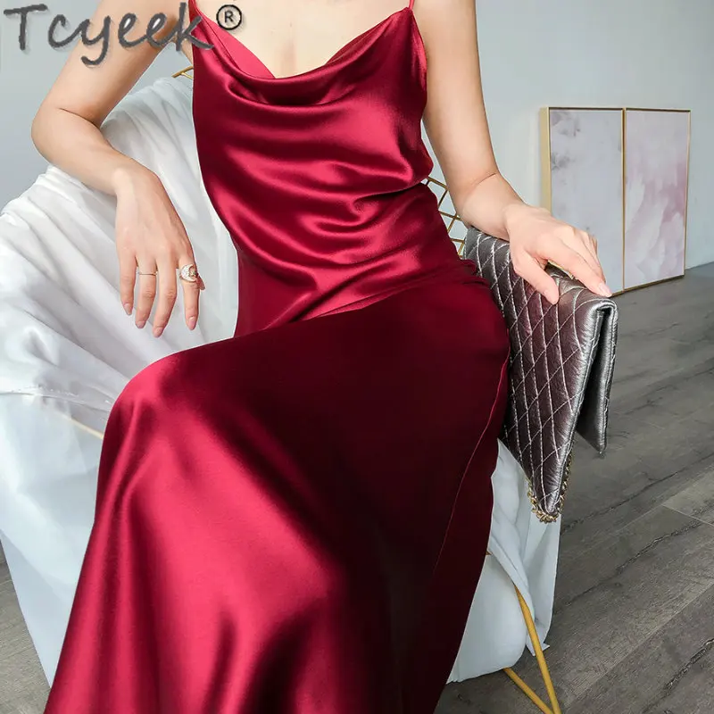 

High Quality 72% Satin Triacetate Suspender Dress Summer Women Super Beautiful Wine Red Acetic Acid Dresses Elegance Vestidos