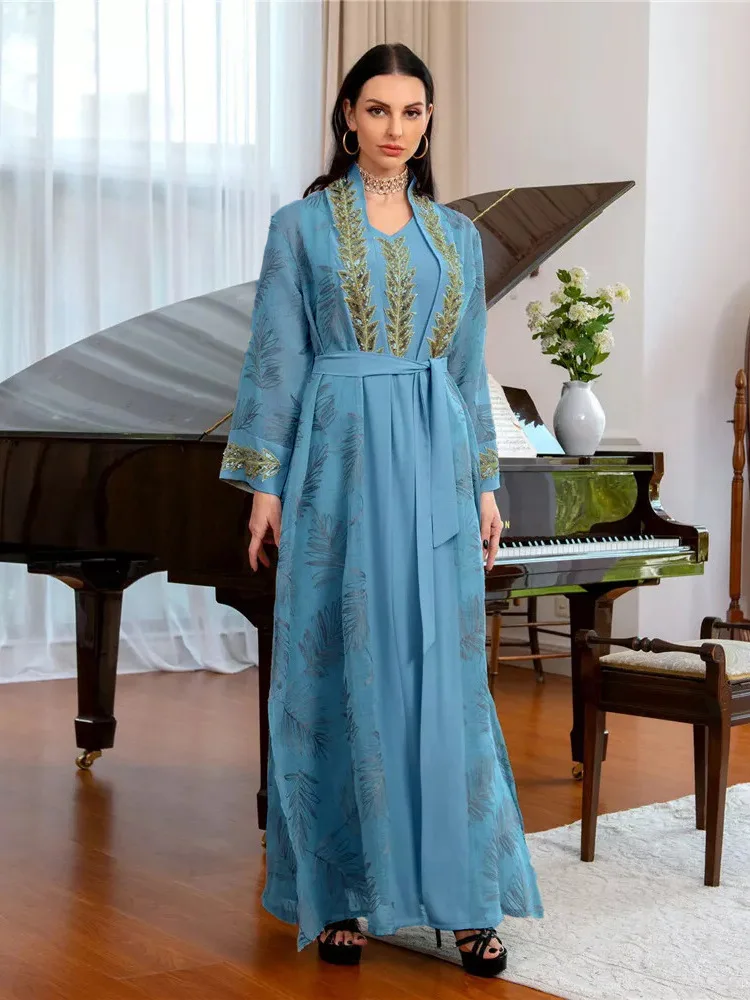 Moslim Jurk Vrouwen Party Abaya 2-delige Set Vest Jurken Borduren Arabische Lange Gewaad Marokko Dubai Kaftan Vestidos Jalabiya