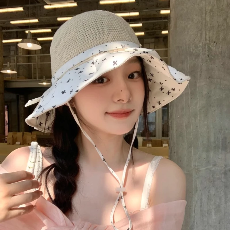 

Korean Sweet Bow Print Big Brim Sun Hats for Women Summer Seaside Beach Vacation Sun Protection Versatile Splicing Bucket Hat