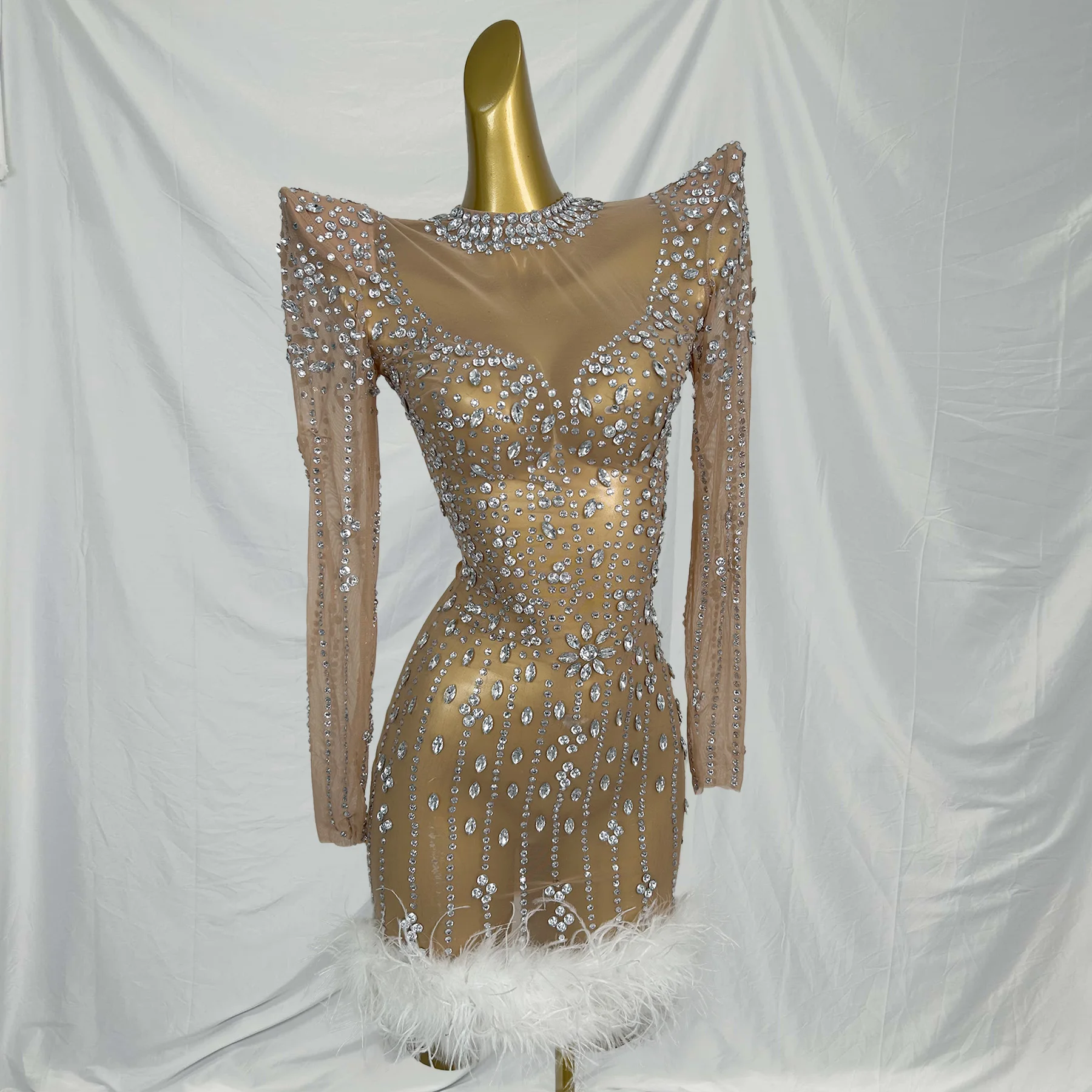 2026 Vestido de manga larga para fiesta de cumpleaños, vestido de cristal para celebración, vestido corto de cóctel con plumas para mujer, vestido de cena, traje de Festival