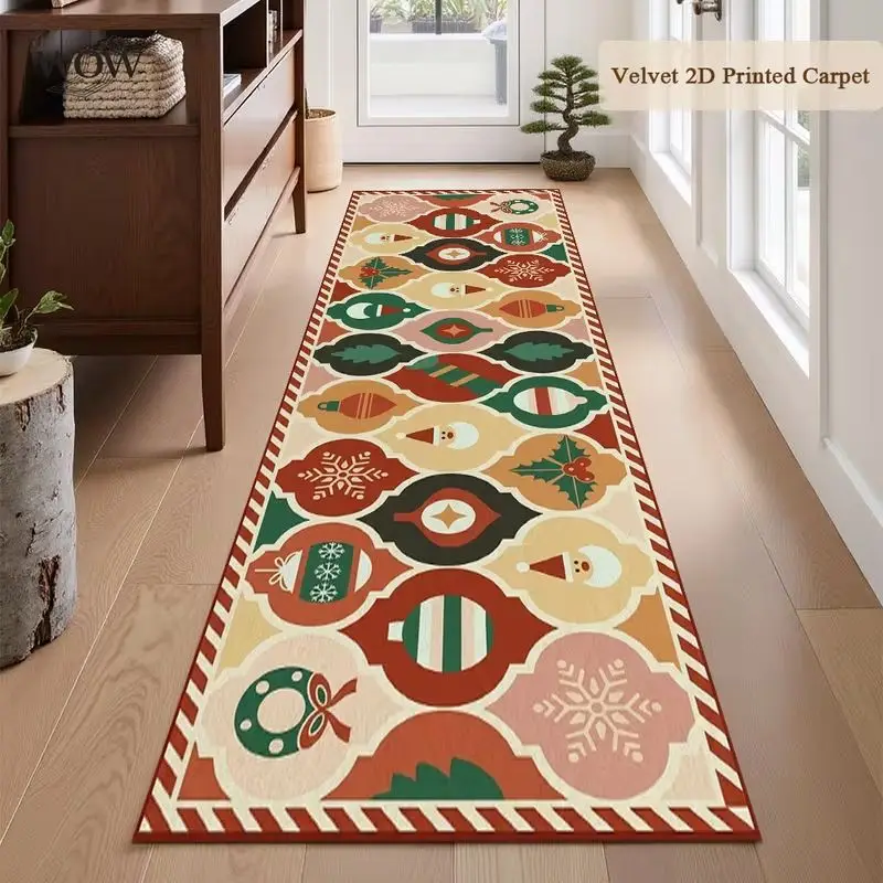 VIKAMA Christmas Long Runner Rug Non‑Slip Xmas Ornament Print Floor Mat for Hallway Entryway Holiday Home Decor