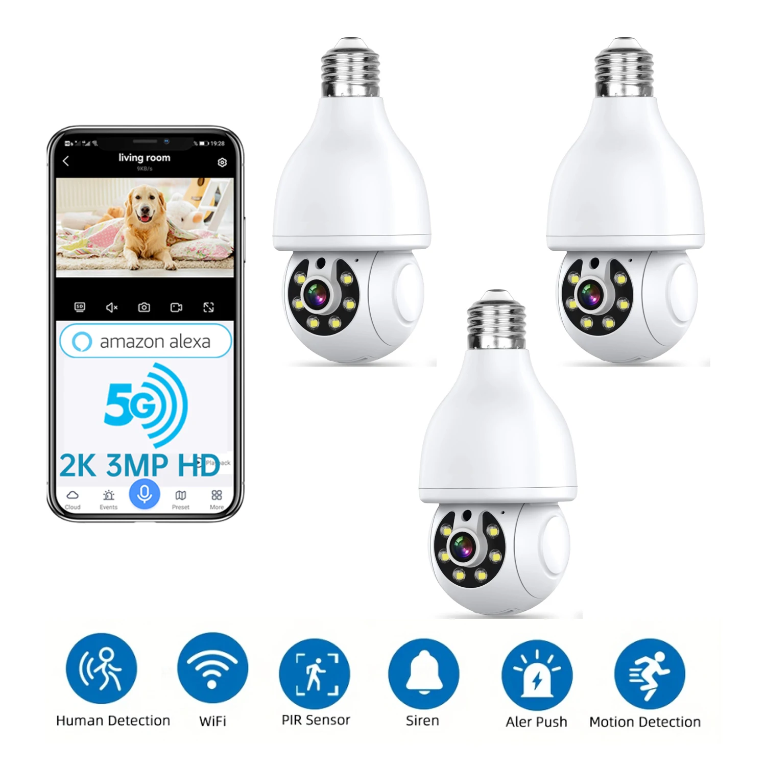 

[3Pcs] 2K Light Bulb Security Camera, 2.4g Wi-Fi, Motion/Sound/Light Alarm, 2-Way Audio, Alexa, Easy Install, Indoor/Outdoor