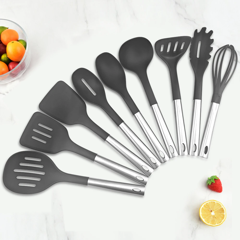 9 Pieces Kitchen Cooking Nylon Utensils Set with Stainless Steel Handle Kitchen Tools with Turner Spoon for Nonstick Cookware