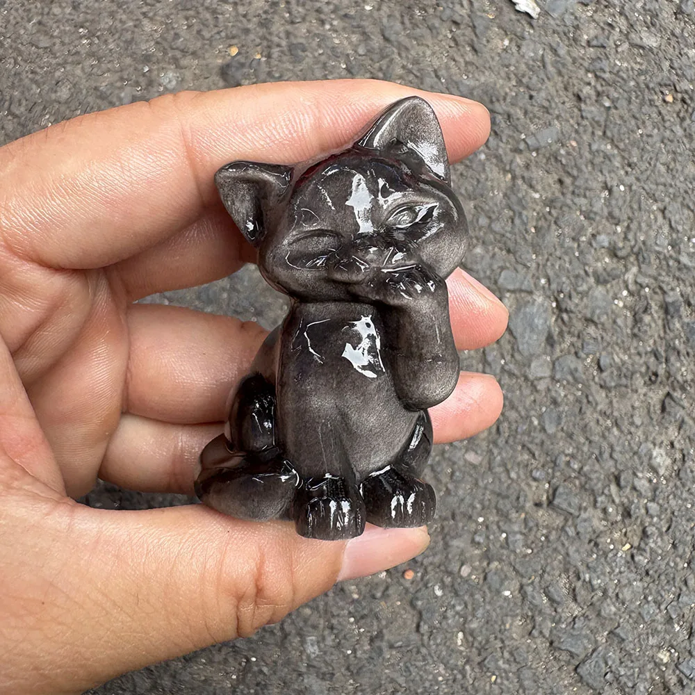 Custom 6cm Silver Obsidian Cat Crystal Carving - Handcrafted Healing Gemstone Kitty Figurine for Home Decor