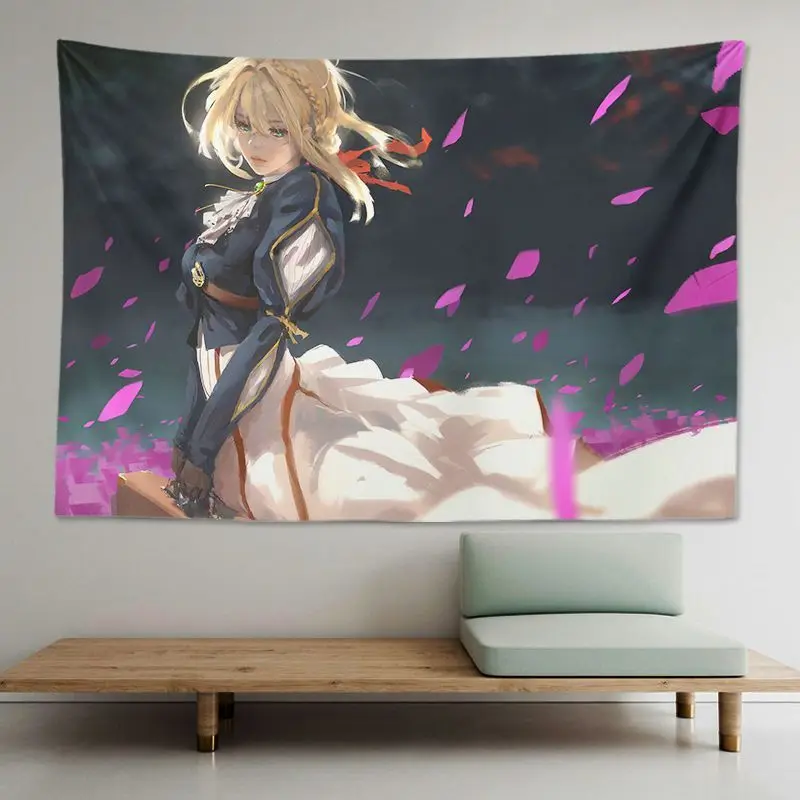 VIKAMA Cute Anime Girl Violet Evergarden Tapestry Wall Hanging Soft Fabric Aesthetic Dorm Bedroom Home Decor Polyester Cloth