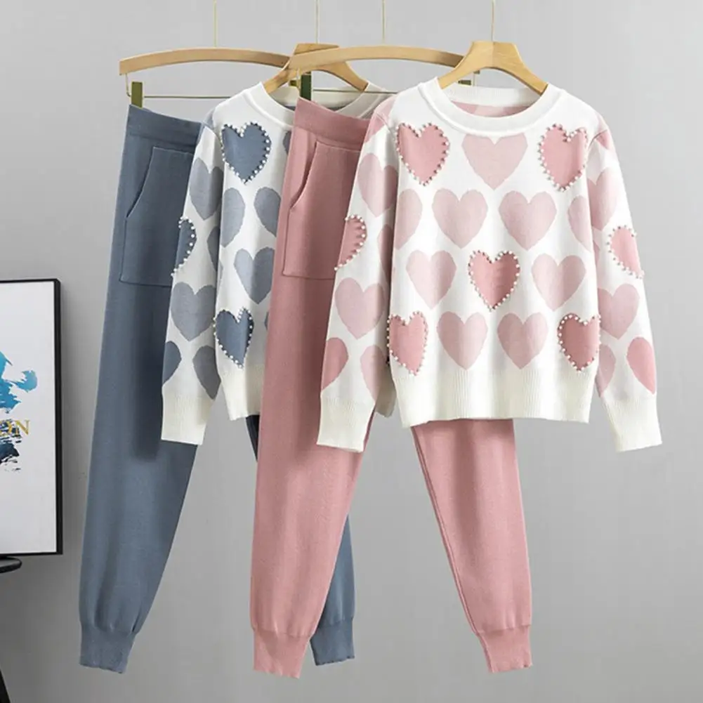 Nuevo suéter de dos piezas para mujer, ropa deportiva para otoño e invierno, jersey con cuello redondo y pantalones bombachos de punto, conjunto de chándal femenino