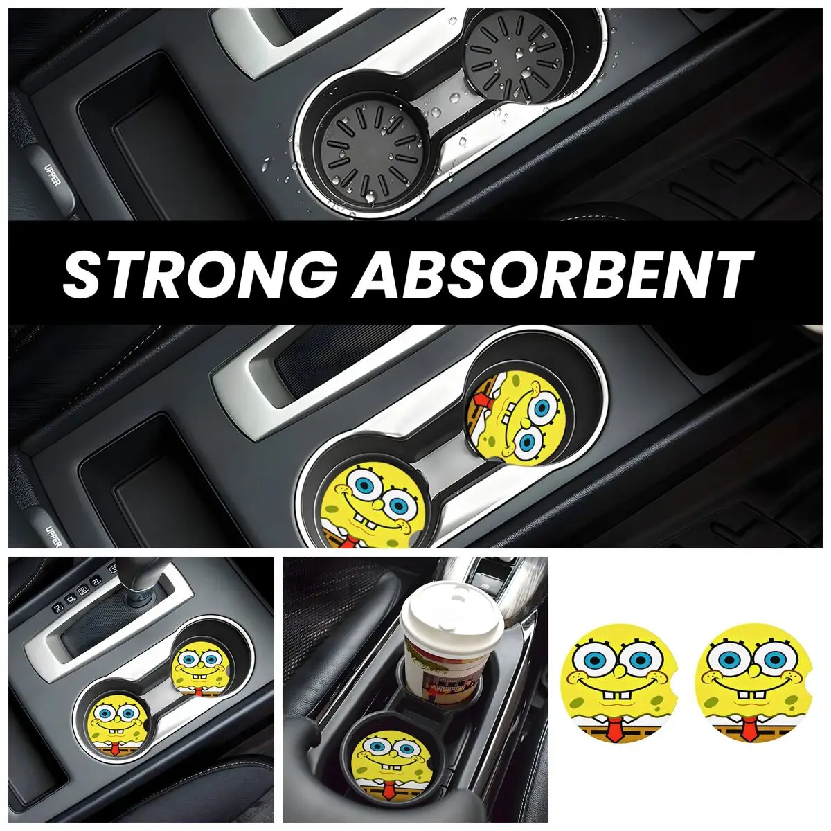 SpongeBobed Anime Car Cup Coaster 2PCS Universal Cup Holders Embedded in Ornaments Coaster Car Interior Accessories