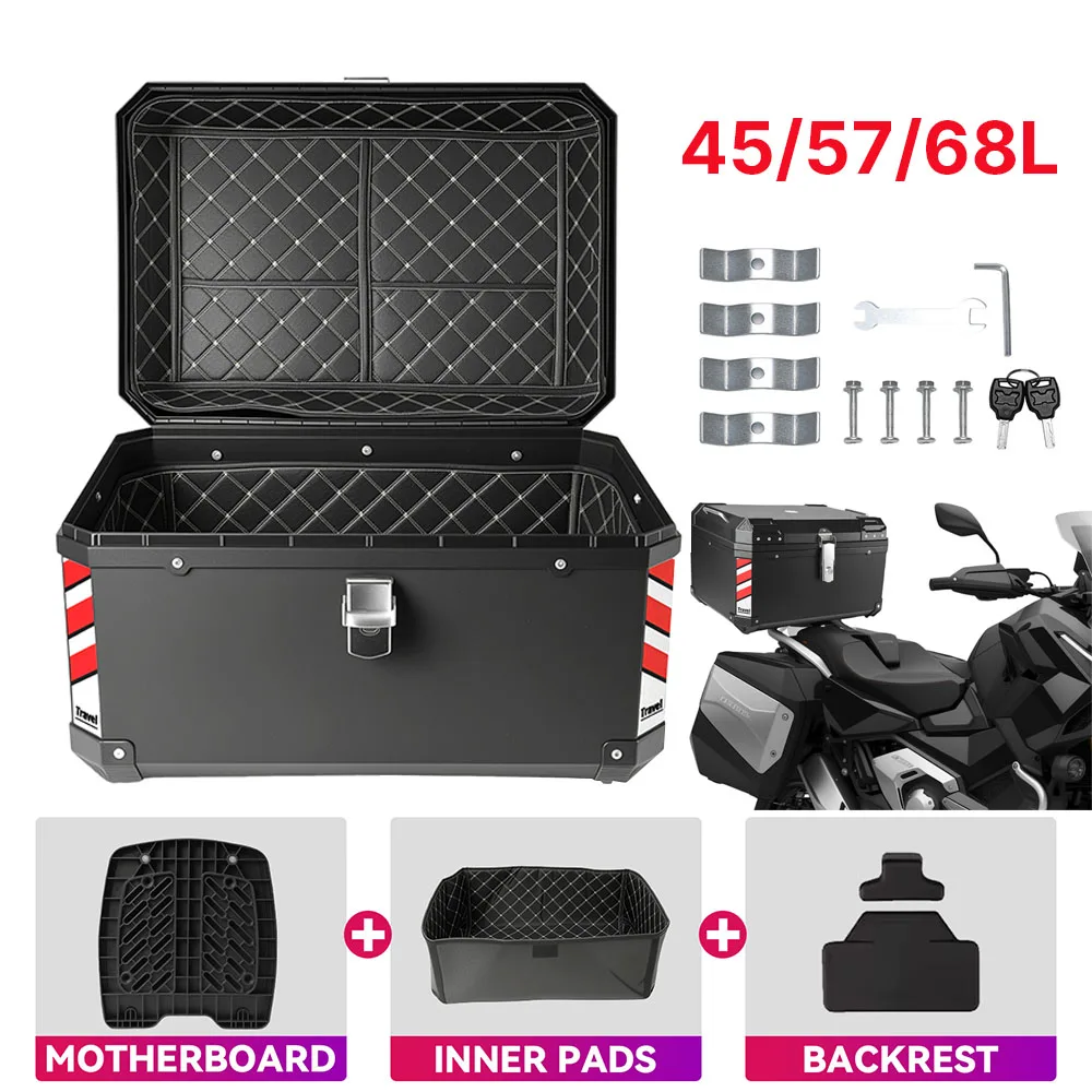 Boîte arrière universelle pour coffre de moto, 45l/57l/68l, avec serrure de sécurité, fixation rétractable et mécanisme d'attache de sécurité, boîtier supérieur de moto, boîte à outils
