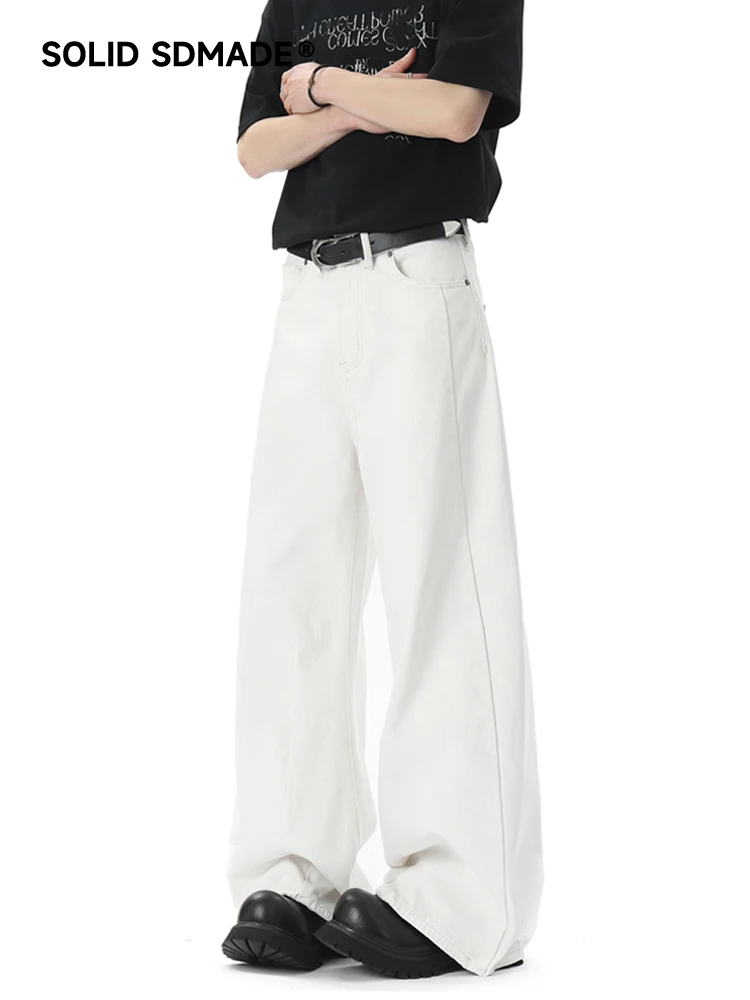 SDAMDE American Style White Jeans Loose Wide Leg Trousers Men Women Splicing Design Sense Bent Knife Jeans Casual Cotton