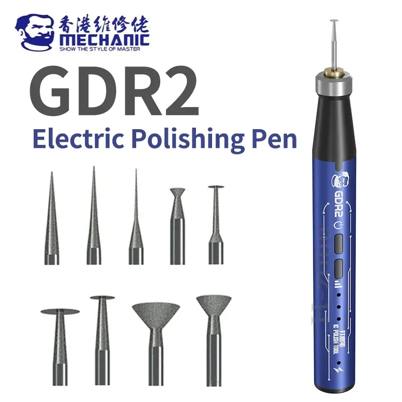 MECHANIC GDR2 Electric Polishing Pen With 9 Replaceable Tip Type-C for Phone Repair Motherboard PCB IC CPU Cutting Grind Tool